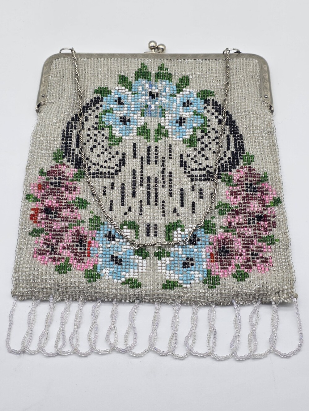 Antique Edwardian Micro Beaded Purse 1910s Floral Glass Seed Bead Evening Bag